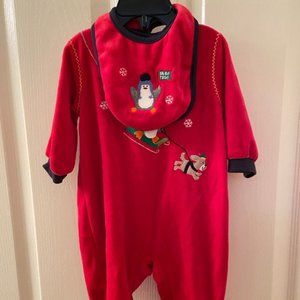 Baby  Red Velour Romper One Piece Bib Set Penguins Size 6-9 Months